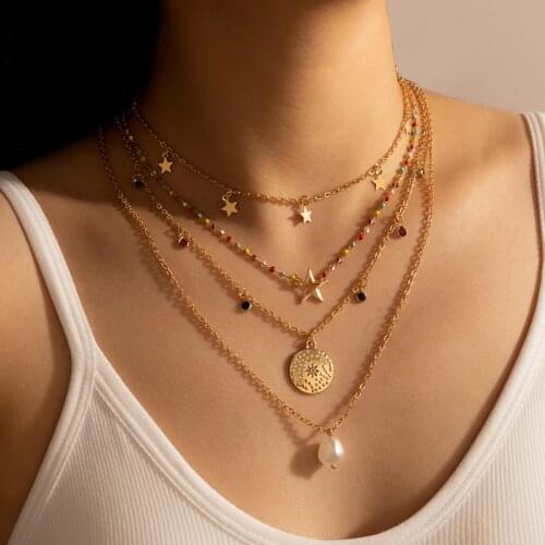 Kissme Unique Layered Gold Color Alloy Star Chains Necklaces For Women Acrylic Pearl Pendant Necklaces Bohemia Fashion Jewelry