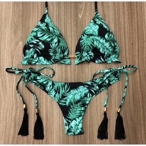 Women Floral Print Bikinis Sexy Striped Patchwork Swimsuit New Triangle Bandage Swimwear Bathing Suit Brazilian Tassel Beachwear