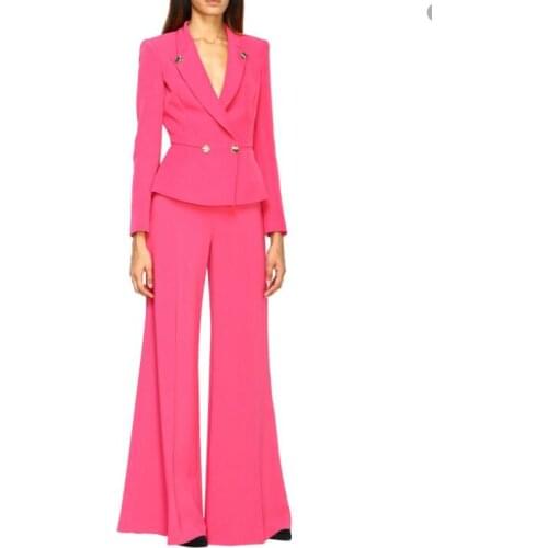 Fuchsia Wide Women Pants Blazer Suits Set Notch Lapel Women Pantsuits(Jacket+Pants) Custom Made
