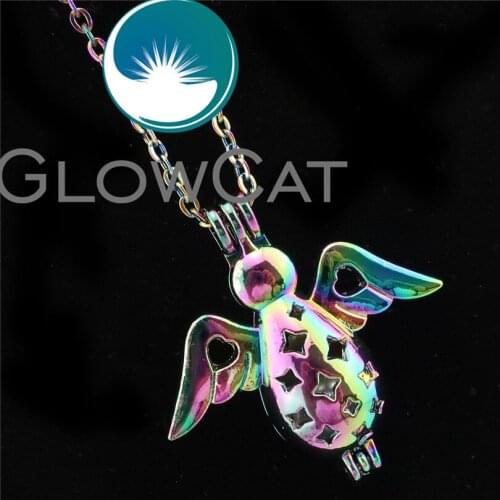 GLOWCAT R-C92 Rainbow Colors Angel Wings Beads Cage Pendant Perfume Diffuser Aromatherapy Pearl Cage Locket Necklace