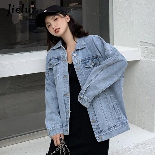 Jielur Blue Denim Coat Hipster Women Jacket Pockets Letter Embroidery Turn-down Collar Jean Coats Button Female Jackets