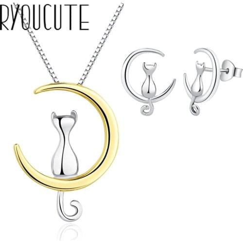 Fashion Wedding Jewelry Sets Silver Color Moon Cat Necklaces Earring For Women Party Gifts