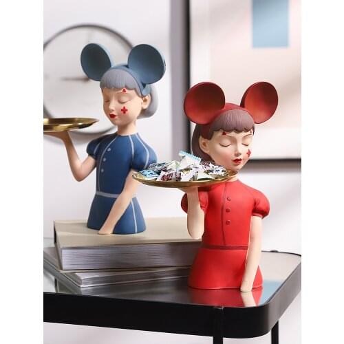 Creative Mouse Tray Girl Sculpture Modern Home Decoration Resin Figure Statue Storage Living Room Desktop Craft Accessories Gift