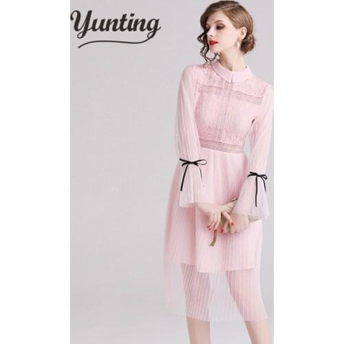 Summer Mesh Patchwork Lace Dress Women Work Casual Party Slim Sexy Pink Long Dresses Vintage Vestidos