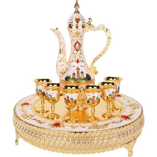 Gold Color Metal Wine Set/ Tea Set Fashion Zinc Alloy Wine Set 1 Set= 1 Plate+ 1 Pot +6 Cups Home Craft Table Decoration