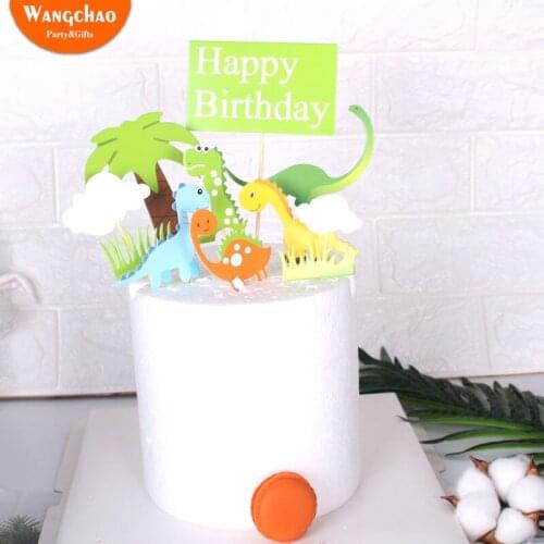 Cute Dinosaur Cake Topper Coconut Tree Happy Birthday Cake Decoration Green Grass Kids Party Supplies Cake Accessories