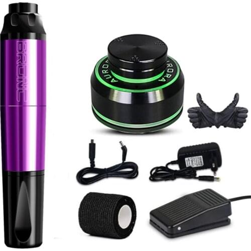 BRONC-V2 Mini Rotary Tattoo Machine Pen Swiss Motor Strong Quiet With Aurora- LCD Digtal Power Cartridge Needle Kit