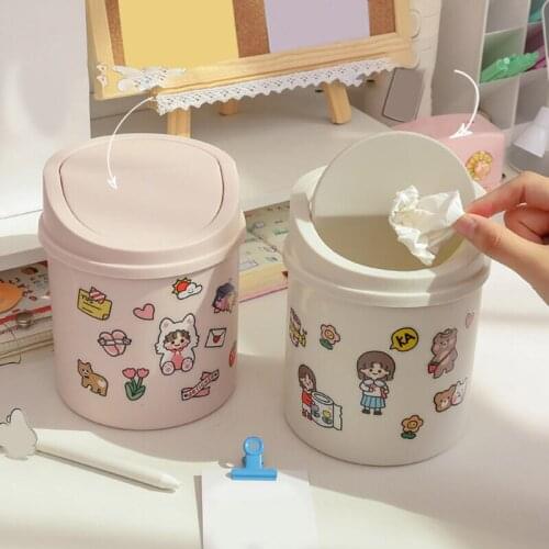 Desktop Mini Dust Bin with Flip Lid Cover Solid Color Small Trash Can Paper Basket Waste Dispenser Garbage Organizer