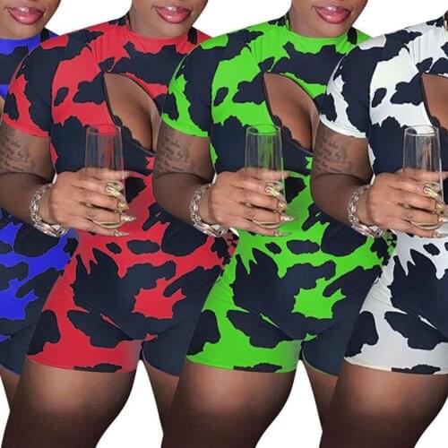 New Fashion Summer Fall Women Cow Print Hollow Out Sexy Jumpsuit Romper Short Sleeve Zipper O-Neck Skinny Club Party Playsuit