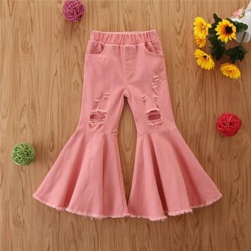 2-7 Years Toddler Kids Baby Girl Elastic Waist Solid Color Hole Denim Flared Pant Jeans Bell Bottom Fashion Children Clothes
