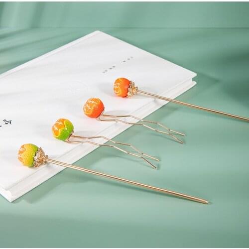Simple Cute Women Hair Stick Daily Wear Alloy Hair Fork Resin Orange Tangerine Design Auspicious Lady Gift