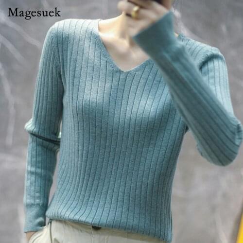 Casual OL Style Loose Pullover Sweater Solid V-neck Long Sleeve Sweater Top 2021 Autumn New V-Neck Sweater Women Clothing 16091
