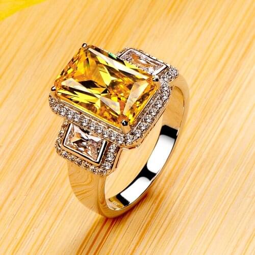 Luxury Female Yellow Topaz Square Ring 100% Real 925 Sterling Silver Wedding Ring Promise Big Engagement Rings For Women