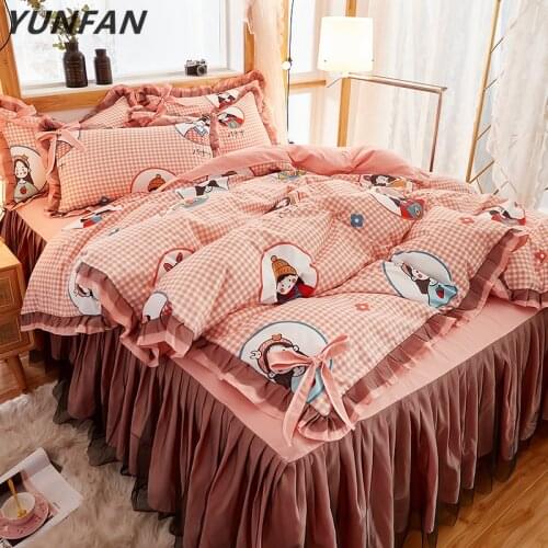 Pink Bedding Sets Full Queen King Bedspread Wedding princess Duvet Cover sets Pillowcase girls lace bed skirt luxury bedclothes