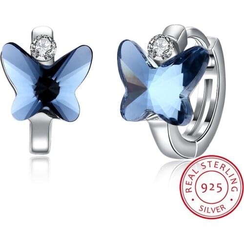 LEKANI Crystals ELEMENTS Butterfly Stud Earrings Cute Bowknot Piercing S925 Silver Fine Jewelry For Women Gifts