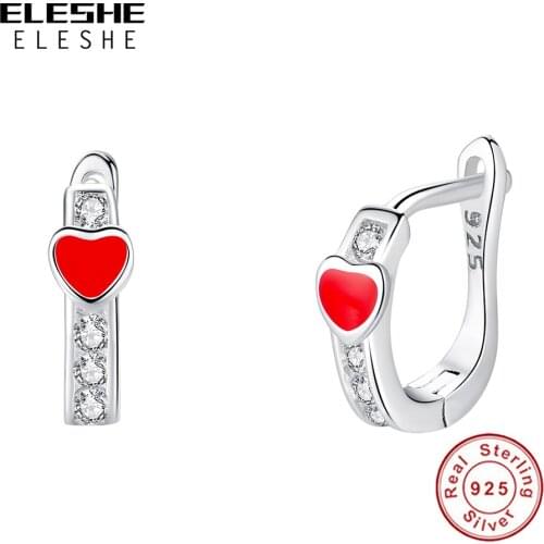 100% 925 Sterling Silver Red Enamel Heart Children Hoop Earrings Fashion Party Dating Jewelry Gift For Girls Kids