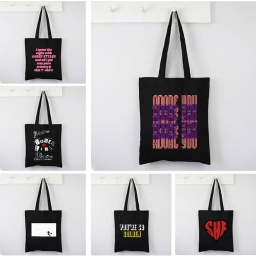 Vintage Fine Line Print Shopping Bags Girls Fashion Casual Pacakge One Direction Graphic Cartoon Golden Tote Bags
