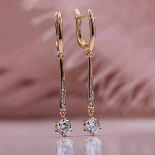 OL Style Women Long Earrings Round White Natural Zircon Dangle Earring Champagne Gold Color Luxury Fine Gift Fashion Jewelry