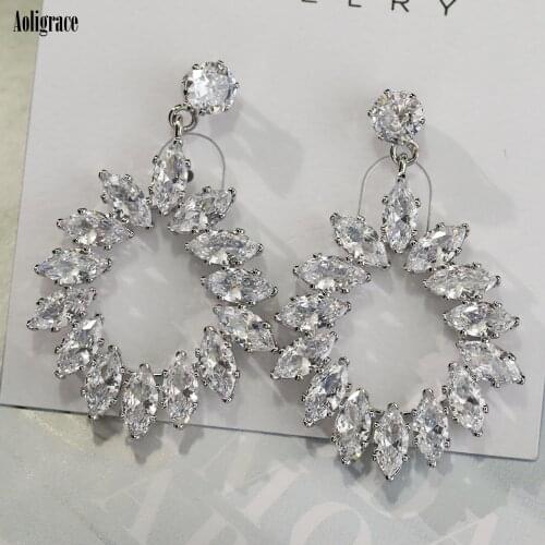 New Chic Silver CZ Round Circle Drop Charms Hoop Earrings for Women Fashion Wedding Accessories for Prom Party Jewelry Gifts