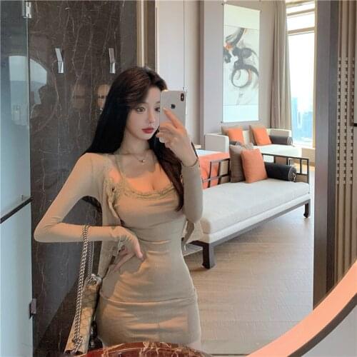 Wenfly Womens TwoPiece Sets Lace Suspender Sexy Strapless Bodycon Mini Dresses Cardigan Long Sleeve Tops Outfits