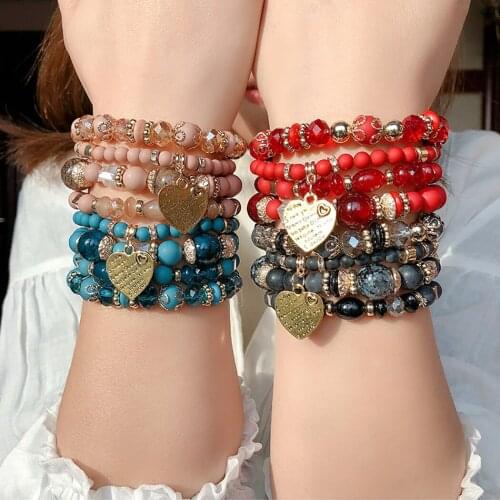 Women Beads Bracelet Multi-layer Beads Bohemian Style Heart Beaded Bracelet Charm Bracelet Beach Summer Accessories