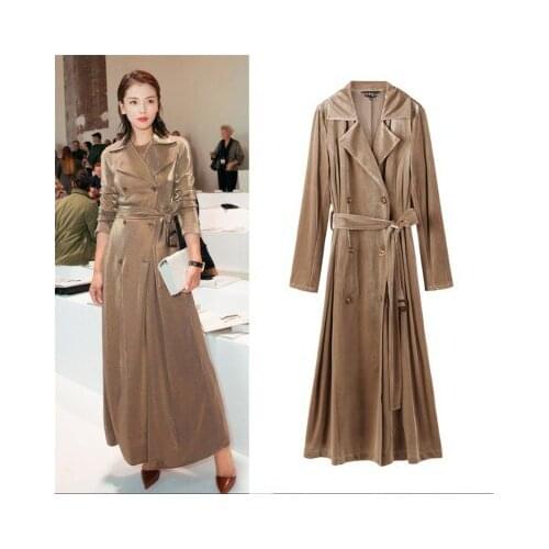 Womens gold velvet coat autumn long slim coats double-breasted outerwear with belt trench coat casual tops