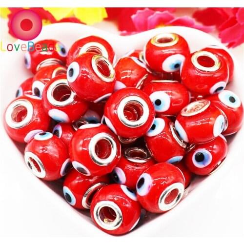 10Pcs 16x10mm Red Color Evil Eye Lampwork Murano Big Hole Glass Beads Fit European Pandora Bracelet Chain Necklace Jewelry Gift