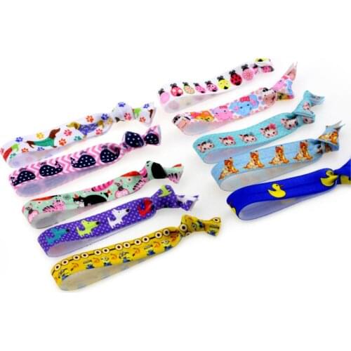 5/8"16mm 100pcs/pack Dog Cat Ladybug Whale Patterns Printed Fold Over Elastic Ribbon Cute Cartoon Knotted Bracelet Holder 9.5cm