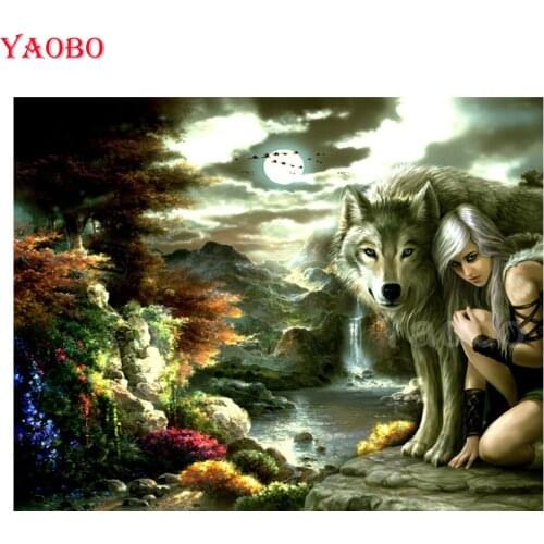 Diy 5d Diamond Painting Woman and wolf moon landscape Diamond Embroidery Hobbies And Crafts Mosaic Diamond round/square