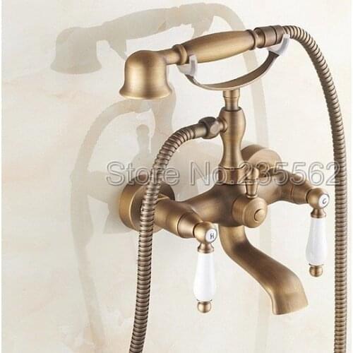Antique Brass Dual Handles Wall Mount Clawfoot Tub Faucet Telephone Style Hand Shower Ltf153