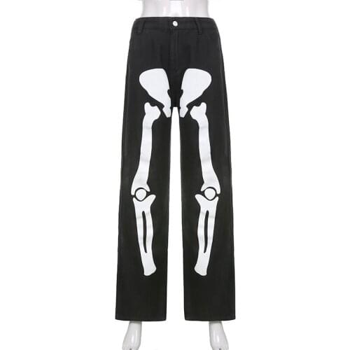 Punk Grunge Skeleton Print Y2k pants Denim Jeans Men Loose Baggy Streetwear High Waist Cargo Trousers vintage clothes