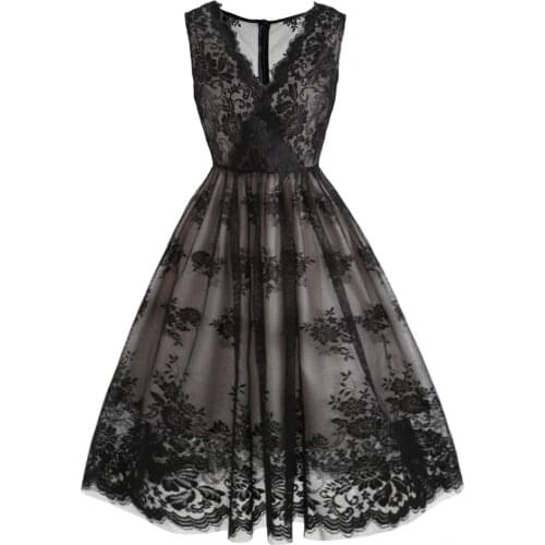 Black Sexy See-through Women Lace Dress Sleeveless V-Neck Vintage Ladies Girls Evening Party Dresses QZ0187