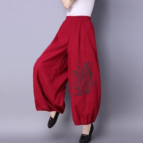 Black Pants Women Summer Embroidery Cotton Linen Pants Casual Plus Size Harem Pants Elastic Waist Long Wide Leg Trousers QH1236