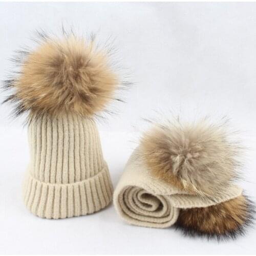 Kid Hat Scarf Set Winter Beanie Real Raccoon Fur Pompom Wool Knit Autumn Warm Skiing Outdoor Accessory For Baby Boy Girl