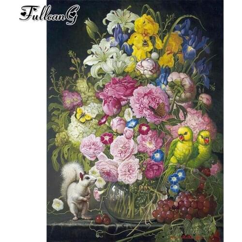 FULLCANG Still life with flowers birds 5d diy diamond painting cross stitch full square round rhinestone embroidery kits FG0162