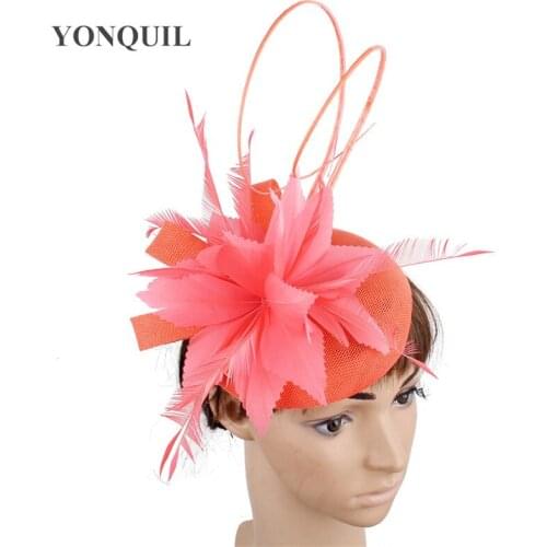 Imitation Sinamay Wedding Women Headpiece Headband Fancy Feather Flower Fascinator Hats Hair Clip Bride Marry Fedora Cap