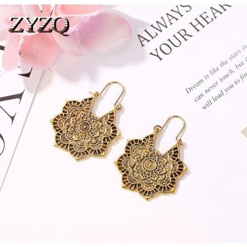 ZYZQ Classic Ethnic Earrings For Women Romantic Flower Engraved Party Accessories Gold Color Silver Plated Earrings Wholesale