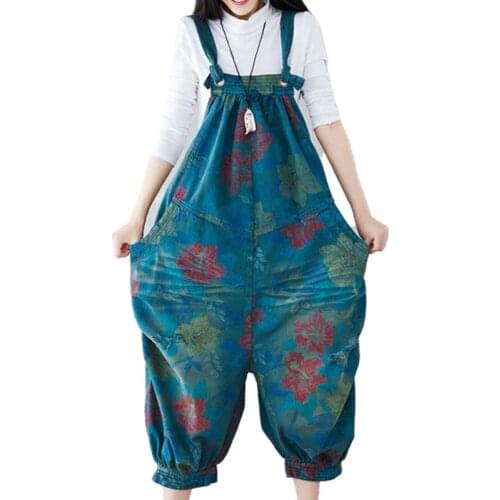 Casual Bib Overalls Women wide leg Denim Jumpsuits Printed Large size Bloomers Baggy Drop Crotch Cowboy Rompers