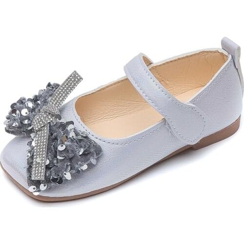 Girls Leather Shoes 2021 Autumn New Fashion Square-toe Non-slip Childrens Soft-soled Princess Flats Sweet Bow-knot Sequined Hot