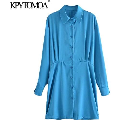 KPYTOMOA Women 2021 Fashion Pleated Soft Touch Fitted Mini Shirt Dress Vintage Long Sleeve Button-up Female Dresses Vestidos