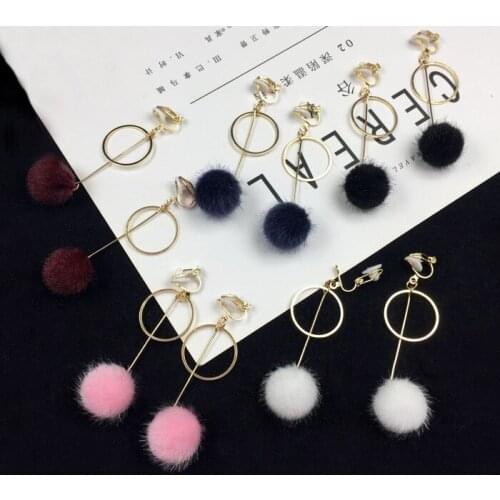 Colorful Mink Hair Ball Earring Round Circle Long Tassel Ear Cuff Non Pierced Clip Earrings Pom Pom Earring Bohemia Jewelry