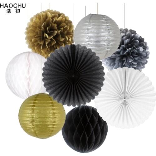 8pcs/Set Round Chinese Paper Lanterns Gold Silver Tissue Paper Honeycomb Balls Wedding Flower Birthday Party Hanging Decorations