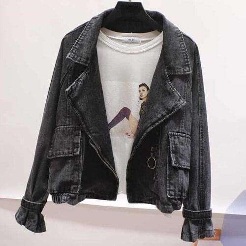 Short Denim Jacket 2021 Spring Autumn New Korean Loose Suit Collar Long Sleeve Top Fashion Zippers Bandage Women Clothing Pocket