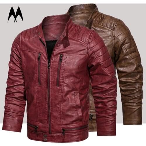 Winter New Mens Vintage Leather Jacket Casual Solid PU Coat Men Fashion Motorcycle Biker Faux Jackets Mens Clothing 2021