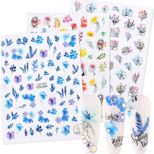 3D Floral Abstract Face Adhesive Nail Sticker Spring Rose Flower Tree Foliage Decal With English Manicure Decoration BECA205-716