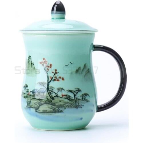 New Arrival Chinese Style Lotus Tea Mugs with Lid Celadon Porcelain Filter tea cups water bottle Office Drinkware Gift
