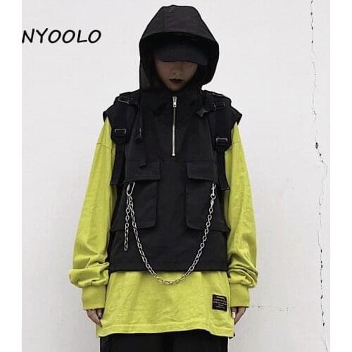 NYOOLO Casual Streetwear Big Pockets Chain Pullovers Zipper Hooded Cargo Vest Jackets Women Clothes Vintage Hip Hop Outerwear