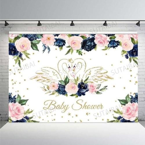 Swan Princess Backdrop Watercolor Floral Gold Crown Birthday Party Decoration Girl Vinyl Baby Shower Cake Table Decor PhotoBooth