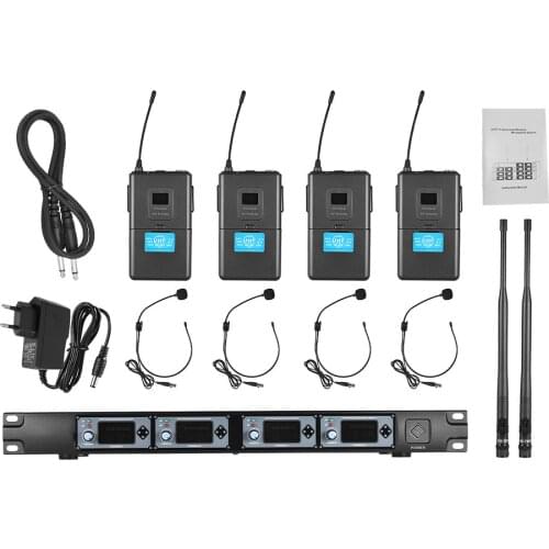 Ammoon 4T Professional 4 Channel UHF Wireless Headset Microphone System 4 Mics 1 Wireless Receiver 6.35mm Audio Cable