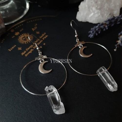 Goth Quartz Point Moon Hoop Earrings Boho Stones Esoteric Celestial Alternative Earrings Jewelry Witchy Gift Gothic Women Gift